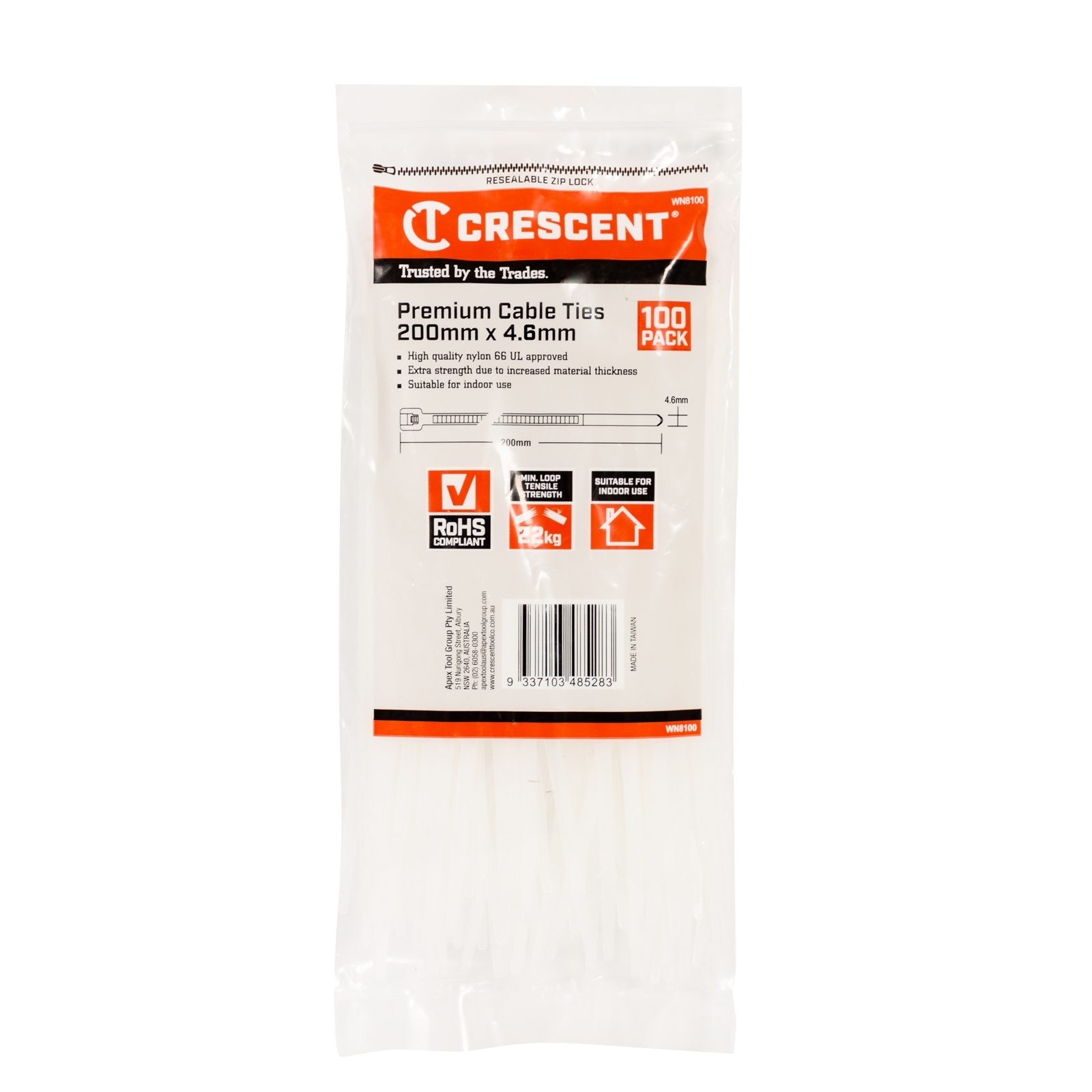 Crescent 200 x 4.6mm Natural Cable Ties - 100 Pack