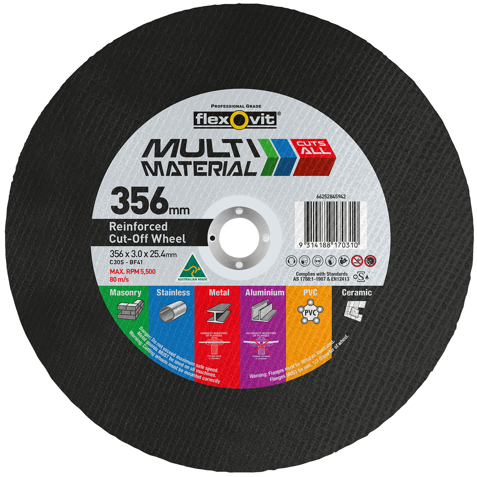 Flexovit 356 x 3.0 x 25.4 Multi Material Reinforced Cut Off Wheel