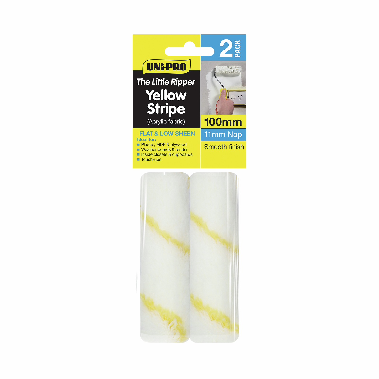 UNi-PRO 100mm 11mm Nap Little Ripper Acrylic Yellow Stripe Mini Roller Covers - 2 Pack