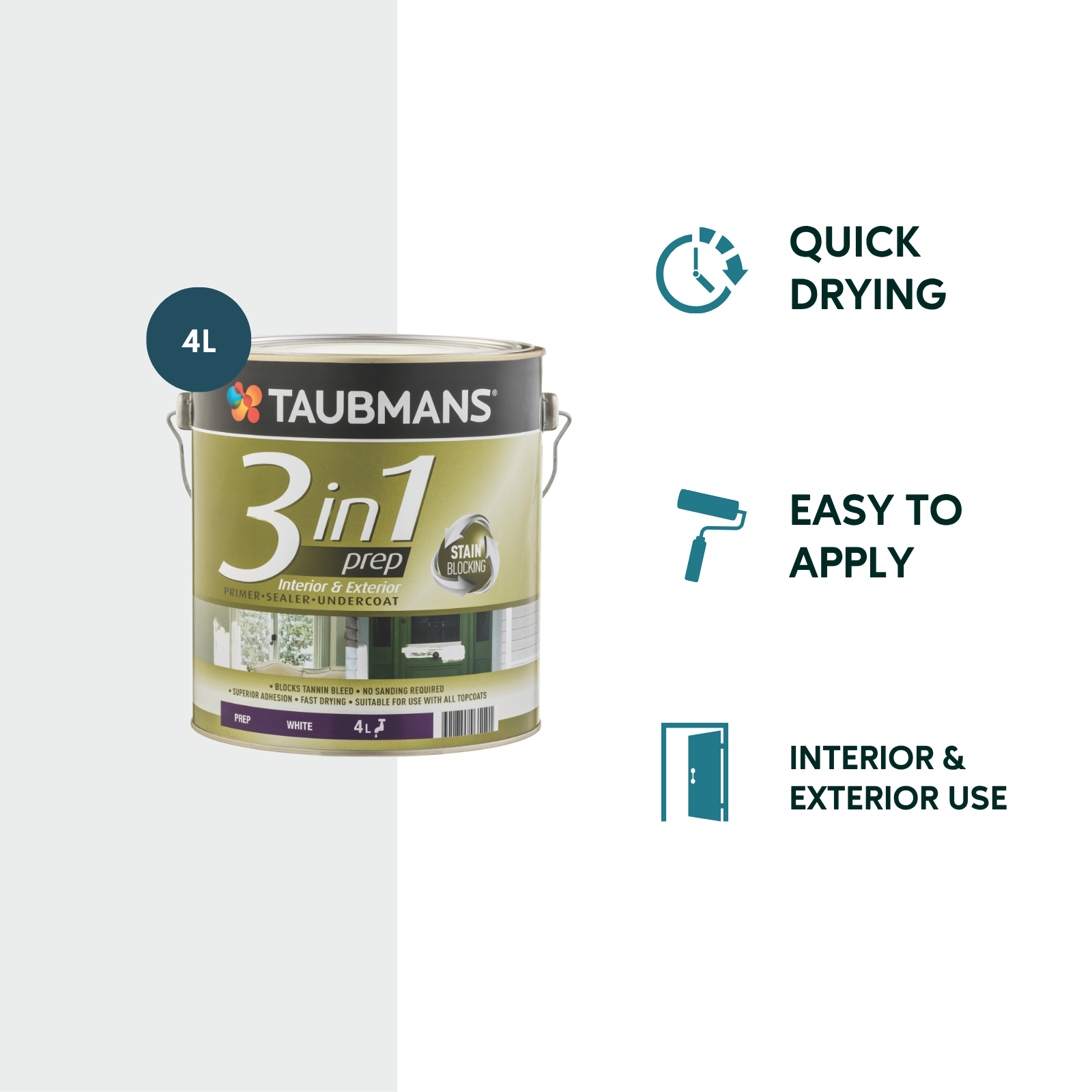 Taubmans 4L White 3 In 1 Interior and Exterior Primer Undercoat and Sealer Paint