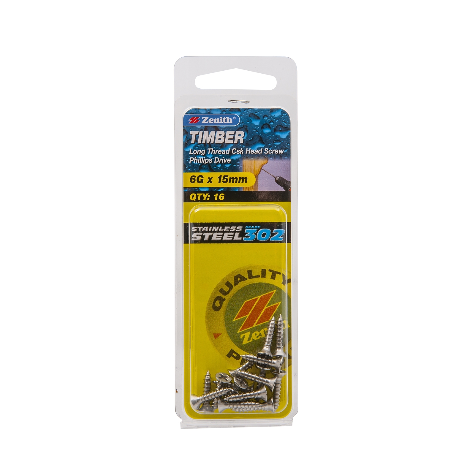 Zenith 6G x 15mm Stainless Steel Long Thread Countersunk Head Timber Screws - 16 Pack