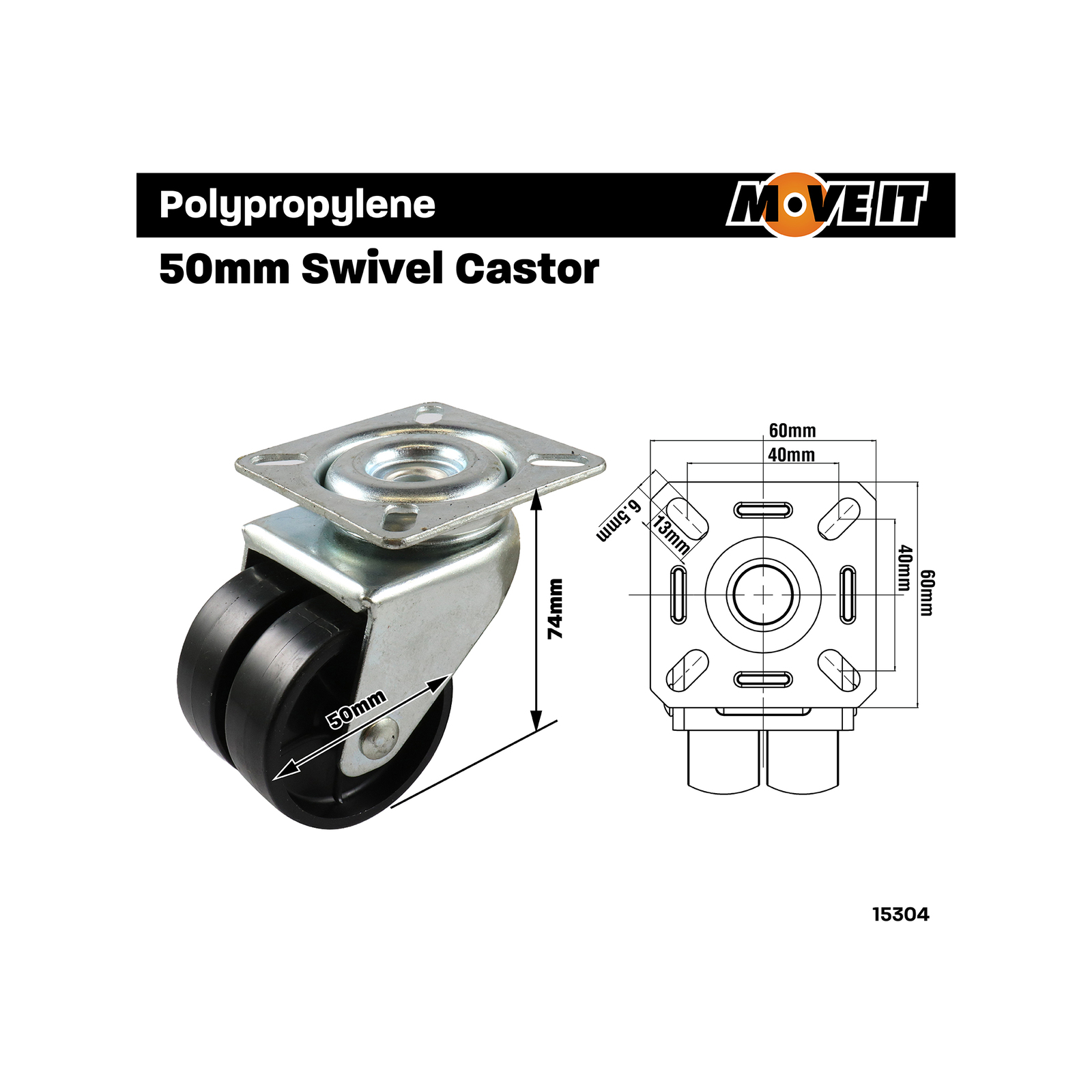 Move It 50mm 70kg Black Twin Wheel Swivel Plate Castor 4 Move It 50mm 70kg Black Twin Wheel Swivel Plate Castor